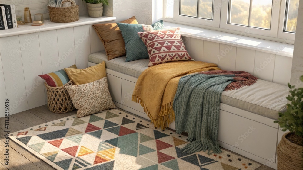 Poster A sunlit corner filled with plush oversized cushions in various styles complemented by colorful throws draped casually creating an inviting atmosphere on a rich geometric