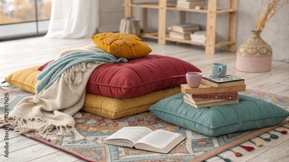 Aufkleber An eclectic reading space with generous floor cushions in bold colors layered with soft inviting throws and situated atop a beautifully patterned rug that adds warmth and