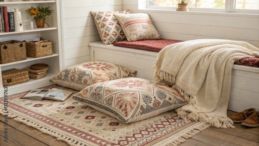 Poster a charming nook showcasing large soft floor cushions in bohemian prints nestled a cozy textured thro