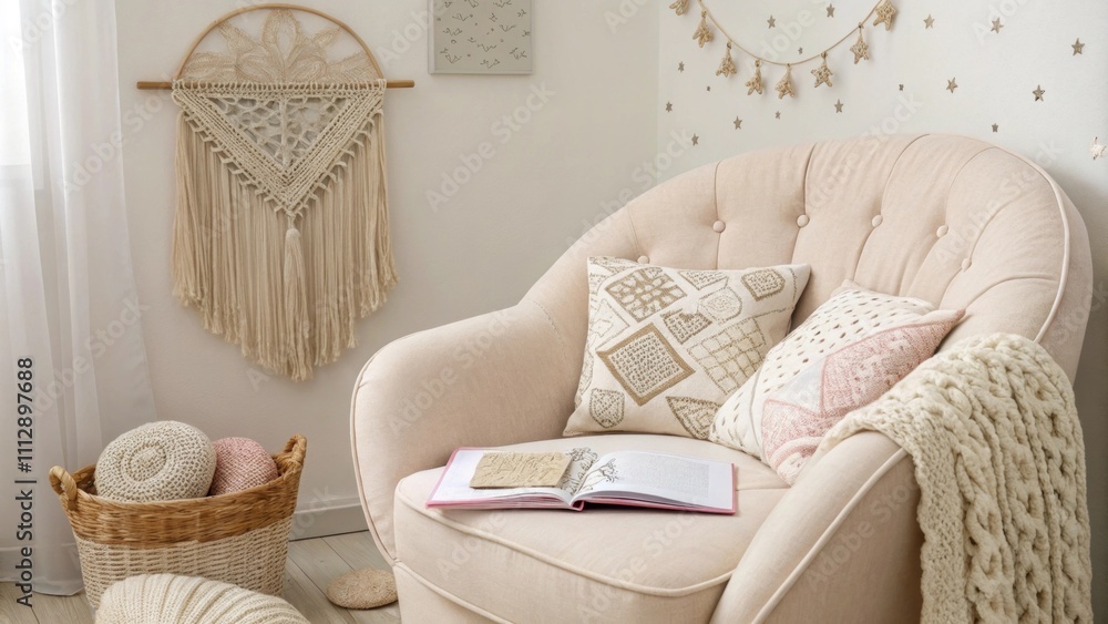 Poster A cozy reading corner features a soft armchair surrounded by an array of textured cushions with delicate macrame wall hangings that lend a handcrafted touch to the serene
