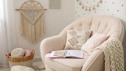 A cozy reading corner features a soft armchair surrounded by an array of textured cushions with delicate macrame wall hangings that lend a handcrafted touch to the serene