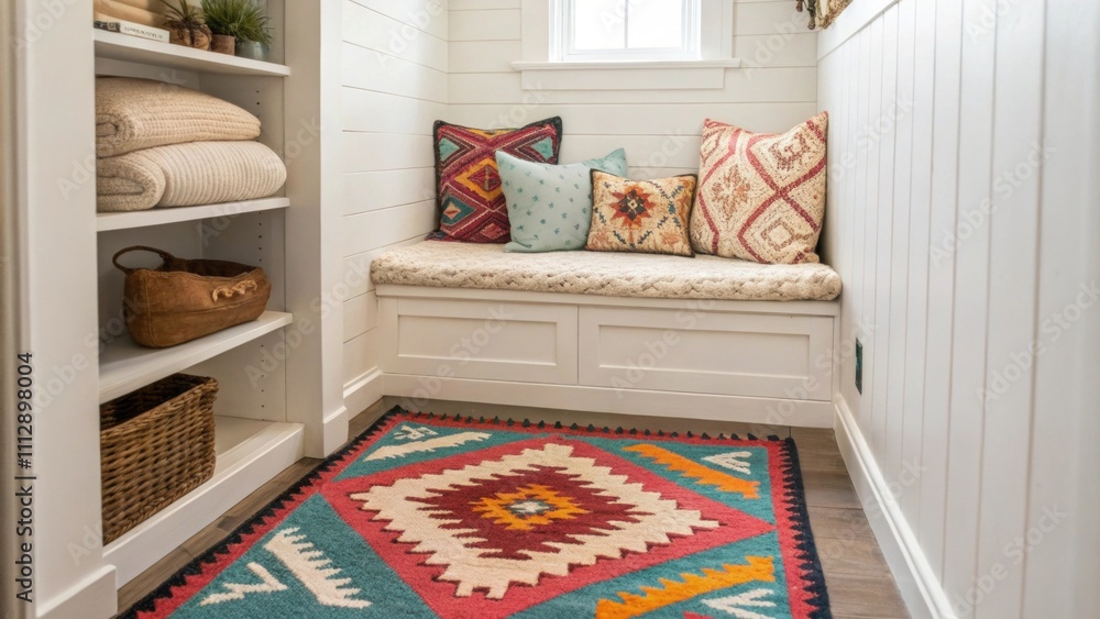 Poster an inviting nook highlighted by a bright kilim rug accented with a variety of decorative throws in s