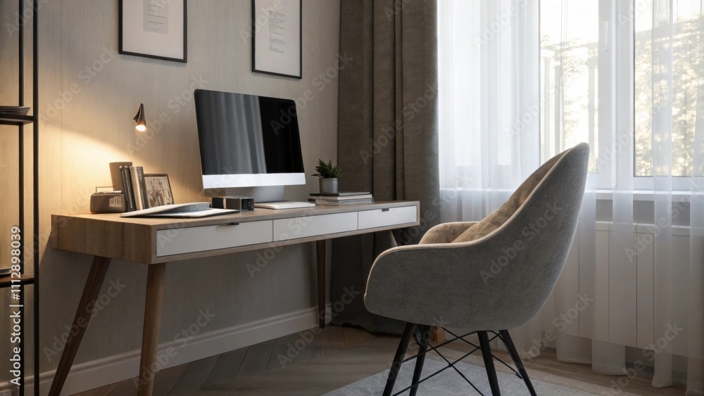 Poster a sleek home office setup displaying a narrow desk and a contemporary chair bathed in soft diffused 