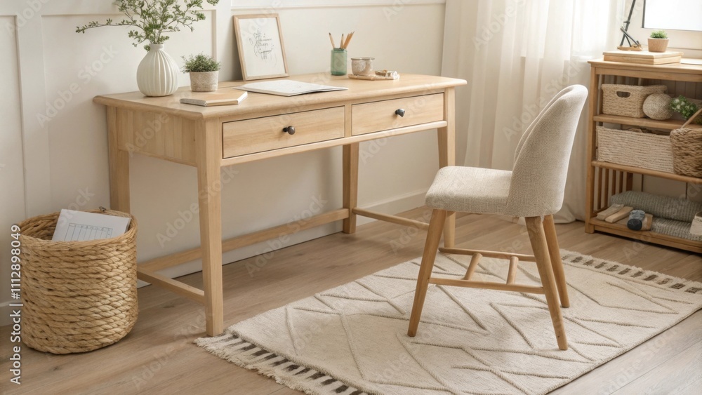 Poster A softly illuminated room boasts a light wood desk alongside an inviting area rug with both elements contributing to a soothing environment highlighted by gentle neutral