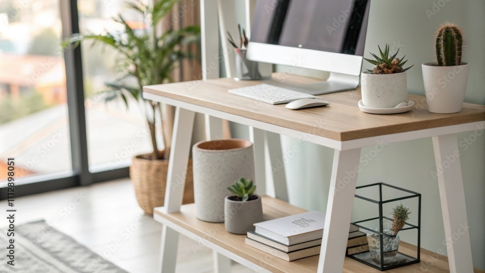 Poster An elegant workspace consists of a minimalist standing desk with clean lines complemented by narrow shelving that highlights a few art pieces and succulents with diffused