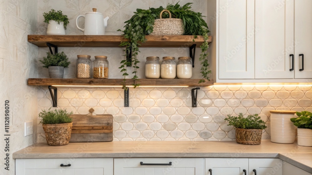 Poster The inviting kitchen showcases open reclaimed wood shelving displaying artisanal jars and greenery while a charming ceramic backsplash adds texture. Soft vintage lighting