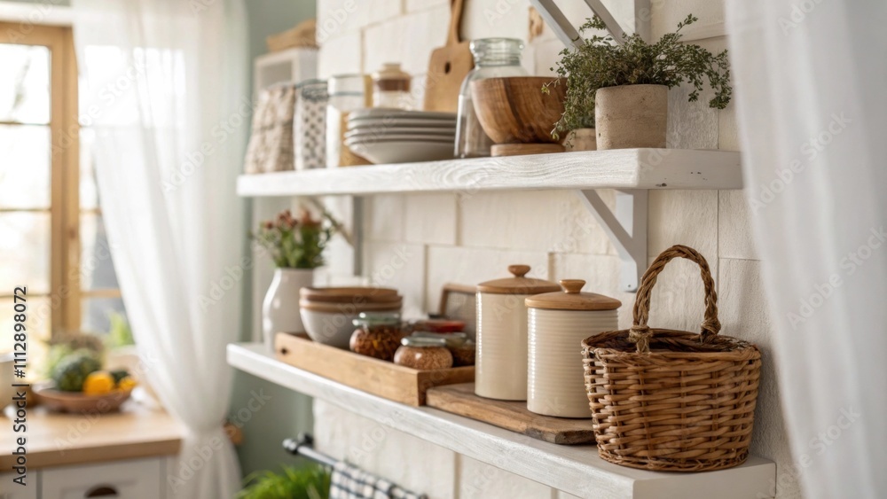 Poster An inviting atmosphere is created by the combination of floating shelves filled with rustic kitchenware and the ambient glow of soft natural light filtering through airy
