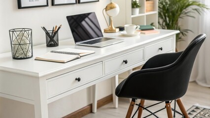 A chic office space featuring a white desk with clean lines a sleek black chair and a few thoughtfully p decor items creating an uncluttered and inviting work atmosphere.