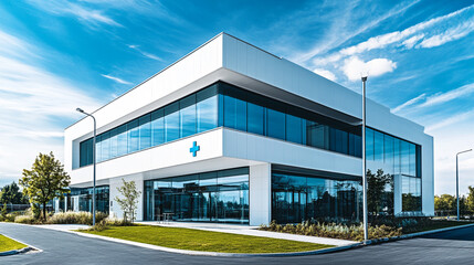 Obraz premium Modern Medical Clinic Building Exterior Healthcare Facility Daytime Sunny Sky