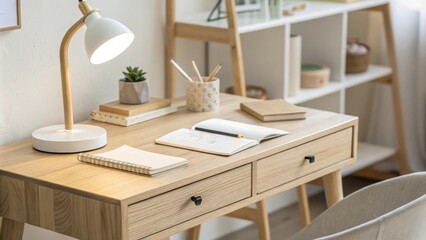 An inviting study area is highlighted by a simple wooden desk positioned under a soft diffused light source emphasizing the clean lines and spaciousness of the environment.
