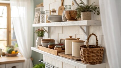 An inviting atmosphere is created by the combination of floating shelves filled with rustic kitchenware and the ambient glow of soft natural light filtering through airy