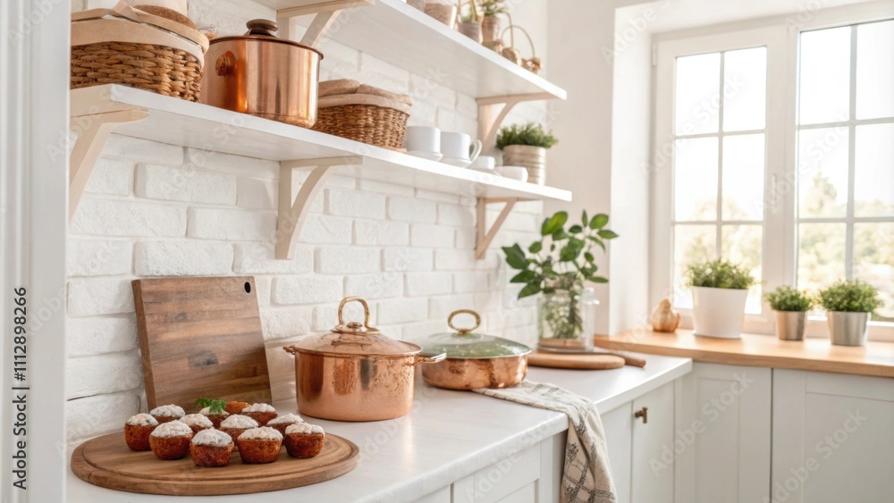 Aufkleber a bright kitchen design features open shelving b with culinary treasures and shiny copper pots while