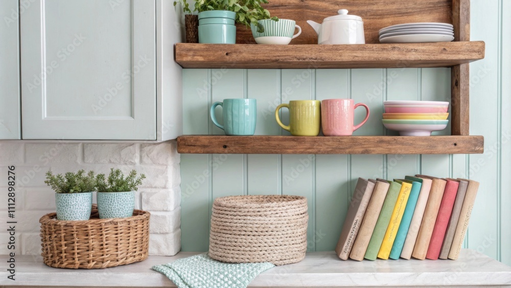 Poster An inviting kitchen scene with open reclaimed wood shelves that hold colorful es and cookbooks alongside textured woven baskets all set against a backdrop of soothing light