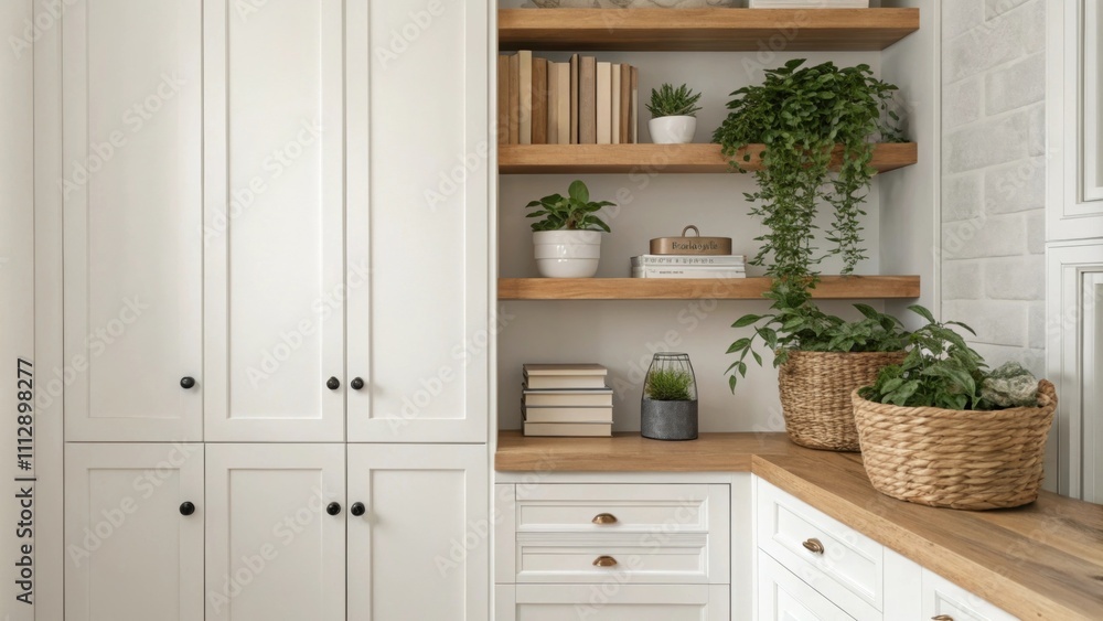 Poster an inviting area where minimalist wood shelves are adorned with plants and books paired with pristin