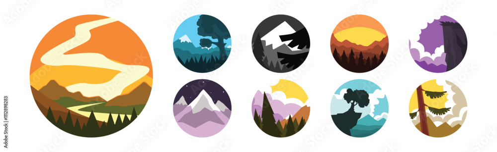 Poster forest and mountain colorful round scene and view vector set
