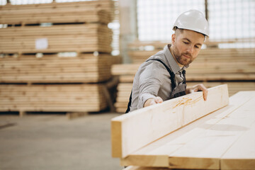 Carpenter checking quality of wooden planks in lumber warehouse