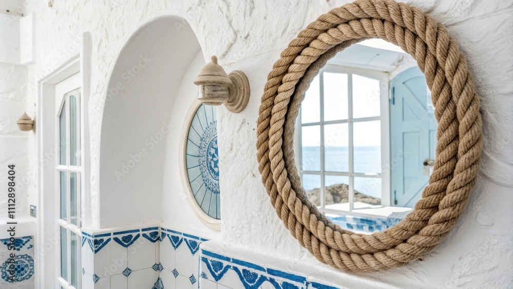 Poster A tranquil setting showcasing a nauticalinspired rope mirror harmoniously integrated with bright white walls and subtle touches of blue tile for a fresh look.