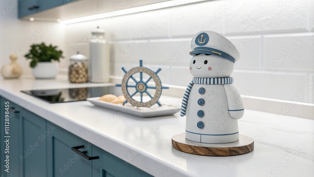 Poster An intricately designed nautical figure rests on a flawless white countertop while subtle blue hues enhance the overall aesthetic creating a serene maritime atmosphere.