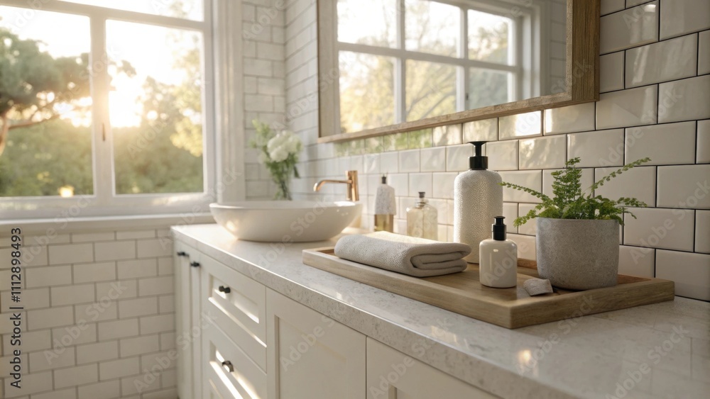 Poster Soft sunlight fills a calming bathroom highlighting a minimalist neutral countertop and glossy white tiles that create a serene atmosphere.