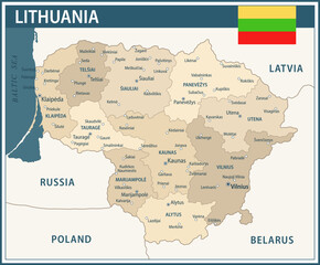 Naklejka premium Lithuania Map Vector Vintage Dark Blue Beige - Customizable layered political map of Lithuania with administrative divisions for website, education, reports, news, politics, print, poster