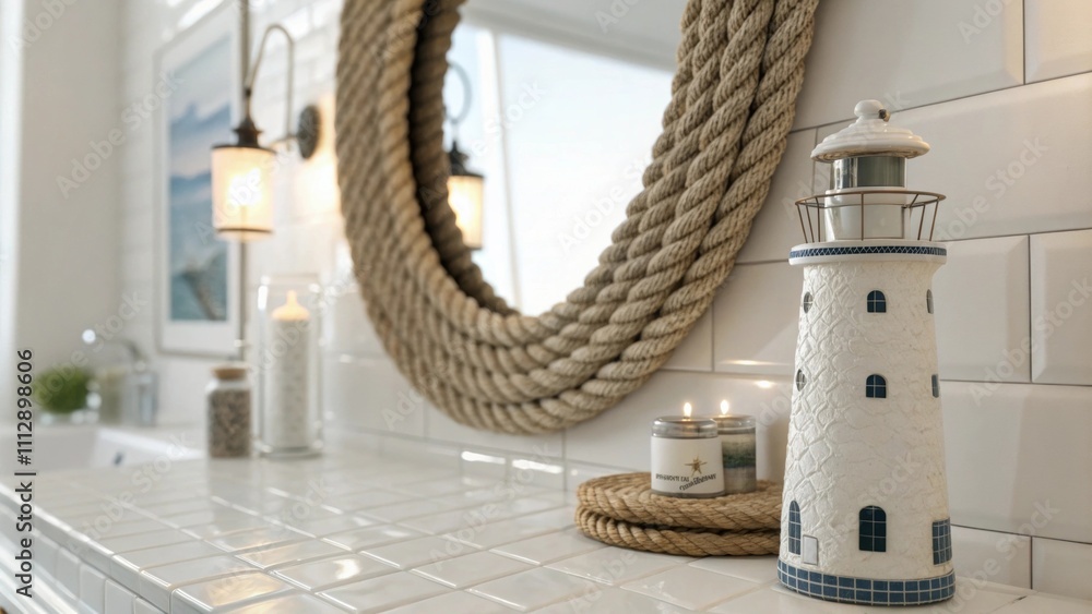 Poster A calming interior characterized by sleek white tiles a large ropewrapped mirror reflecting soft light and a single vintage lighthouse figurine adding a touch of nautical