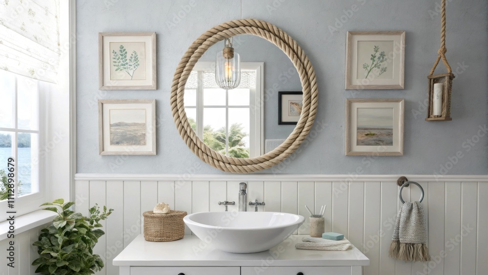 Poster a bright and airy bathroom emphasizing clean aesthetics with a ropeframed mirror above a wallmounted