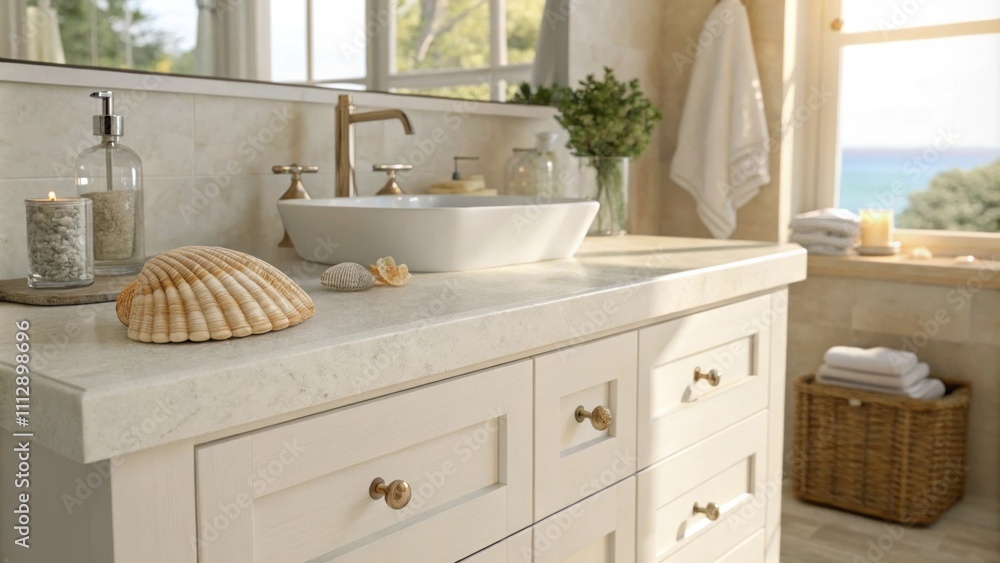 Poster a bright inviting bathroom highlighting a chic vanity with a minimalist design featuring a lone seas