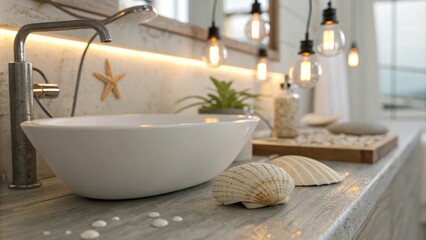 A tranquil coastalthemed bathroom adorned with soft overhanging lights showcasing a sleek white sink and a small tastefully p seashell decoration adding a touch of nature.