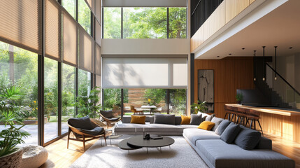 The furniture is minimalistic yet comfortable, with a mix of neutral tones such as beige, gray, and soft textures that complement the natural light filtering through the window.
