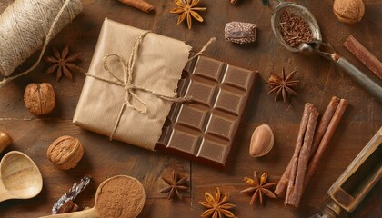 옛날 복고풍 포장지로 감싸인 초콜릿 바와 주변 소품들