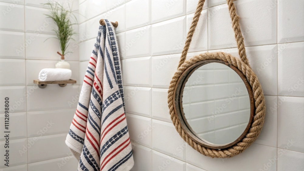 Aufkleber A serene setting with a rustic rope mirror on one wall beside a hand towel with bold stripes juxtaposed with the elegance of smooth white tiles creating a fresh atmosphere.