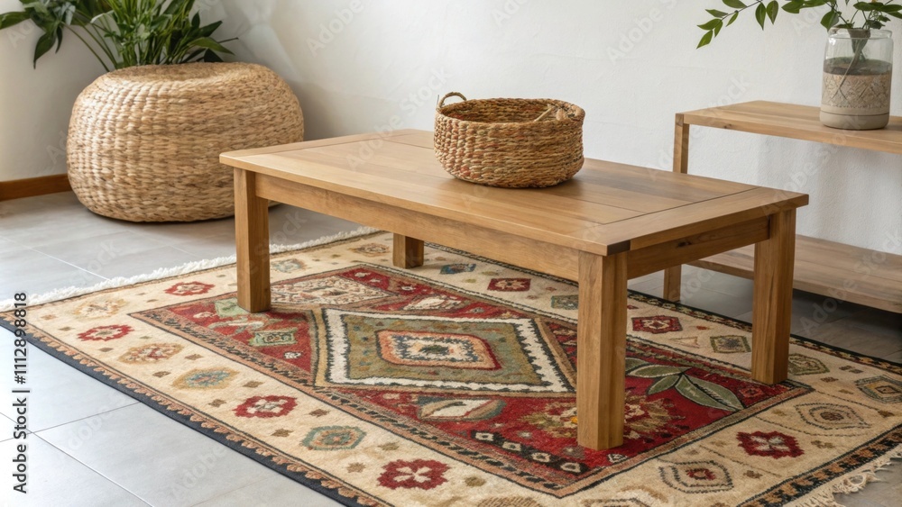 Poster A serene setting where a vibrant intricately designed rug serves as a focal point accompanied by a minimalist rectangular coffee table made of smooth wood with a rustic