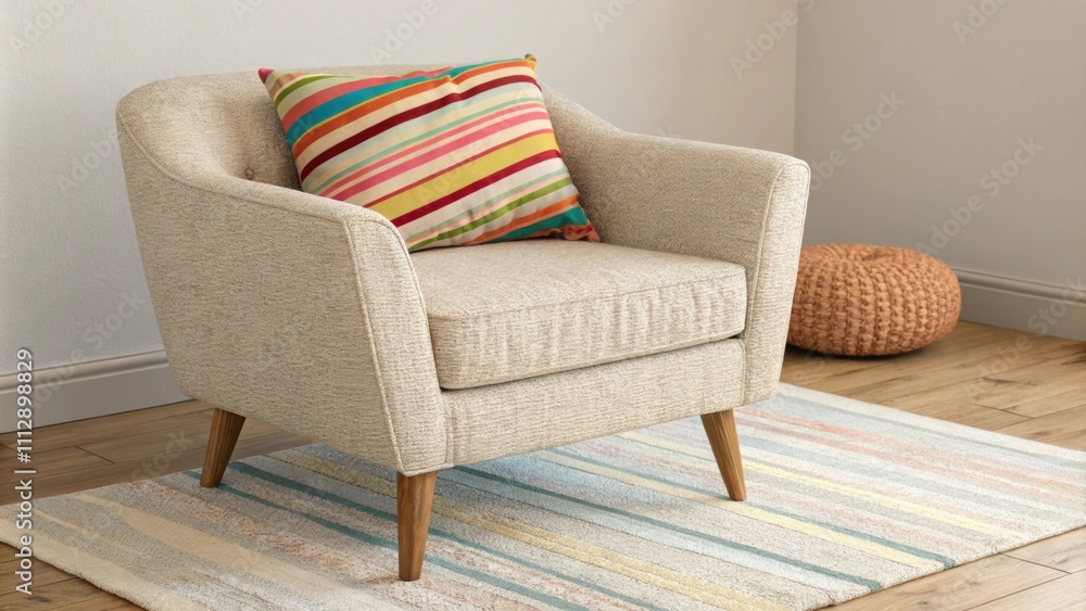 Poster An inviting interior scene highlighting a textured armchair thats both stylish and comfortable adorned with a colorful striped pillow complemented by a gentle neutral rug