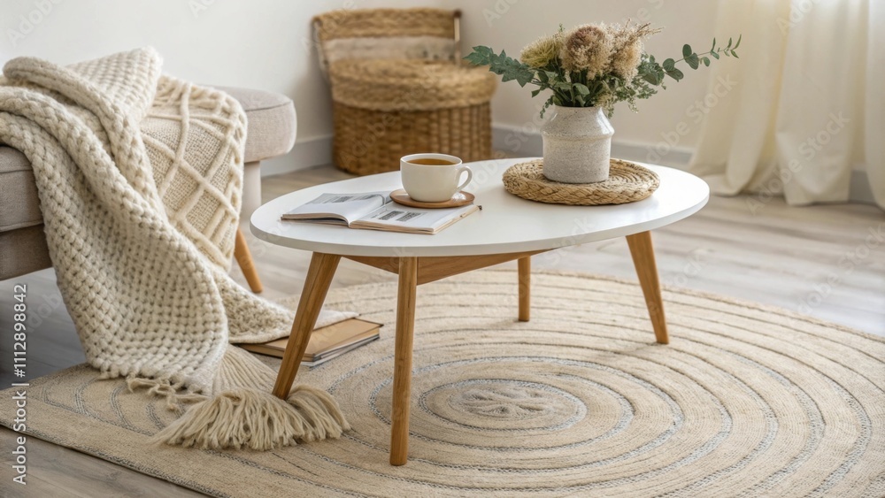 Poster An inviting space showcasing a stylish coffee table complemented by a plush woven rug while a beautifully designed throw blanket adds a pop of color and texture to the