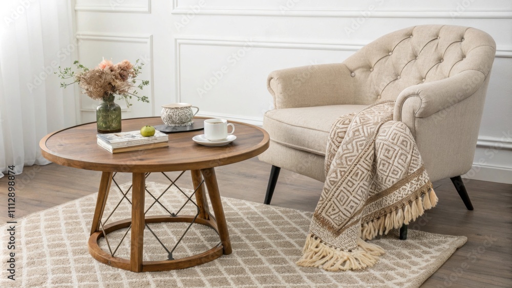 Aufkleber A serene interior setting that highlights a chic coffee table surrounded by a warm textured rug with an eyecatching patterned throw blanket gracefully p on an elegant