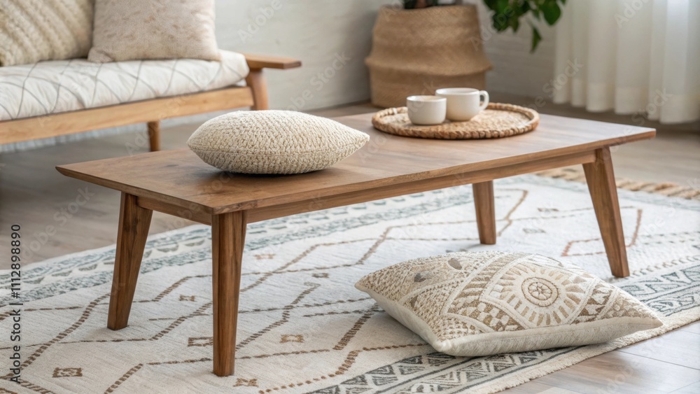 Poster A calm minimalist environment featuring a cozy intricate rug a delicate throw pillow for added warmth and a cleanlined wooden coffee table that ties the space together.