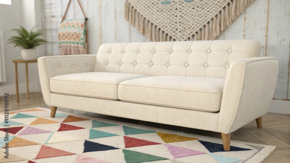 Poster the interior space presents a cleanlined soft couch as the focal point with a colorful geometric rug