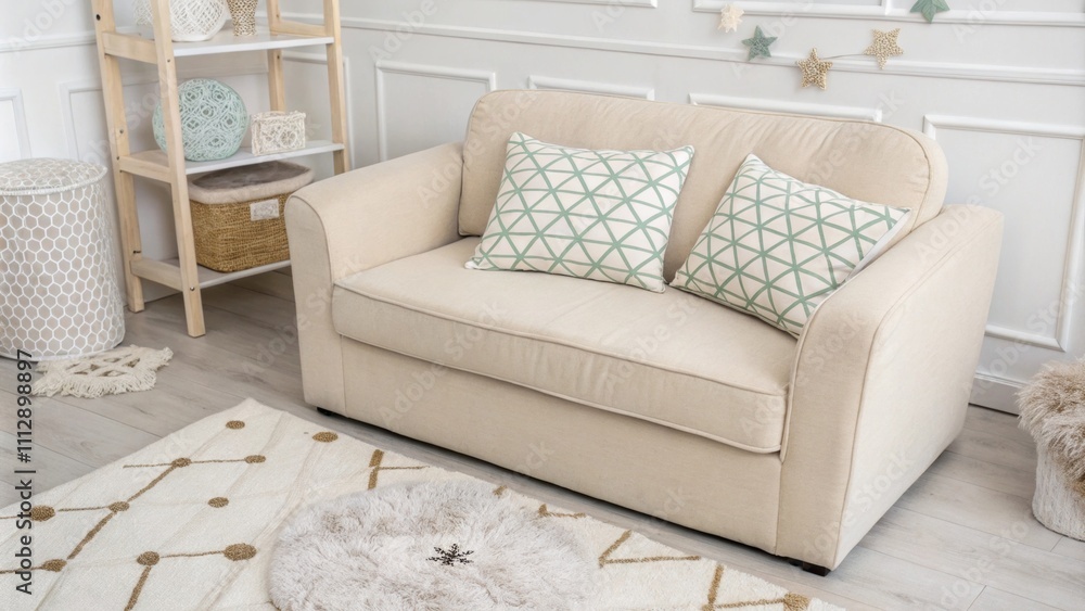 Poster An airy and welldecorated space with a gentle beige couch highlighted by a geometric print cushion resting atop a thick fluffy area rug in muted tones.