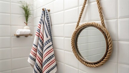 A serene setting with a rustic rope mirror on one wall beside a hand towel with bold stripes juxtaposed with the elegance of smooth white tiles creating a fresh atmosphere.