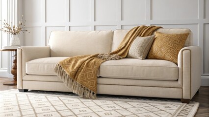 A serene living room environment where a neutral sofa is embellished with a warm textured throw resting atop an understated patterned rug creating a harmonious focal point.
