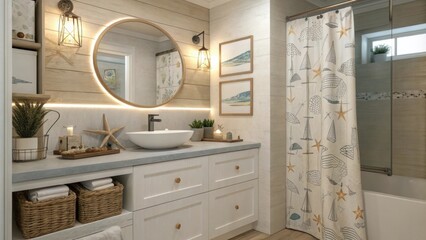 A serene bathroom environment showcasing a sleek vanity with clean lines and a polished countertop surrounded by gentle warm lighting. Nautical elements are present through