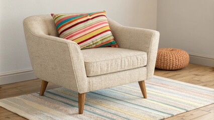 An inviting interior scene highlighting a textured armchair thats both stylish and comfortable adorned with a colorful striped pillow complemented by a gentle neutral rug