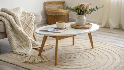 An inviting space showcasing a stylish coffee table complemented by a plush woven rug while a beautifully designed throw blanket adds a pop of color and texture to the