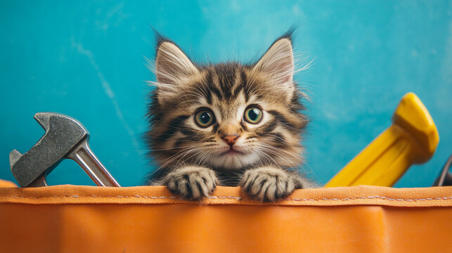 Cute Kitten Peek a Boo in Toolbox with Tools