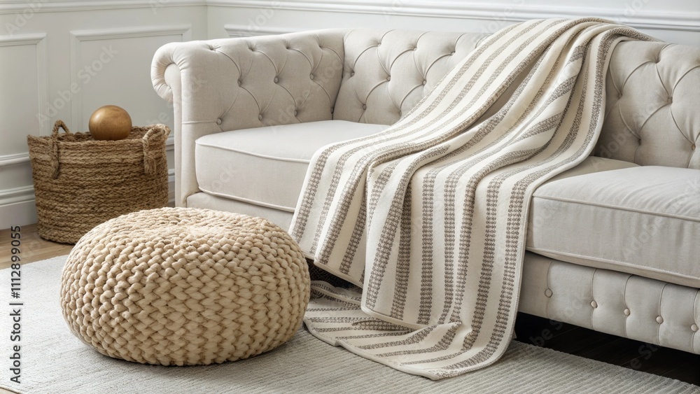 Poster In a contemporary setting a stripepatterned blanket rests on a sleek immaculately styled couch alongside a textured woven pouf that enriches the aesthetic with its organic