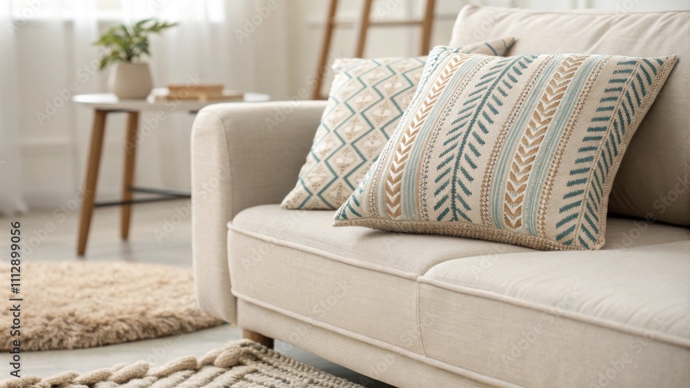Poster The arrangement features a strikingly patterned cushion resting on a subtle beige sofa with a cozy inviting rug that enhances the overall warmth of the space.