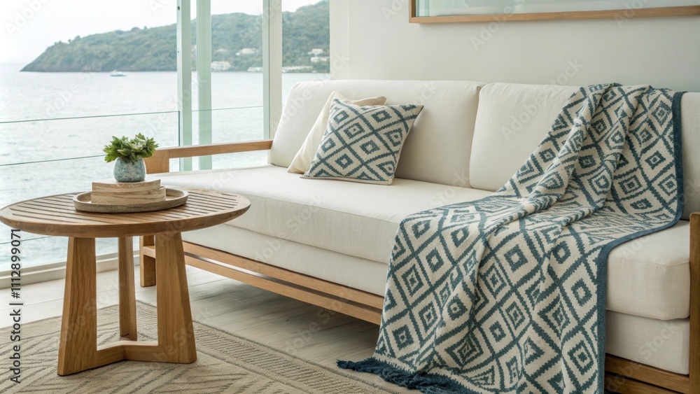 Aufkleber A tranquil minimalist environment featuring a cleanlined sofa covered with a striking geometric throw with a seamless wooden table creating a harmonious focal point in the