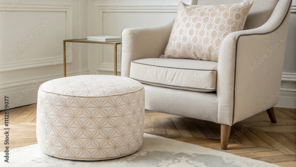 Poster A tranquil room environment highlights a cylindrical fabric pouf positioned next to a sleek armchair with a smooth exterior while a cozy cushion adorned with a subtle