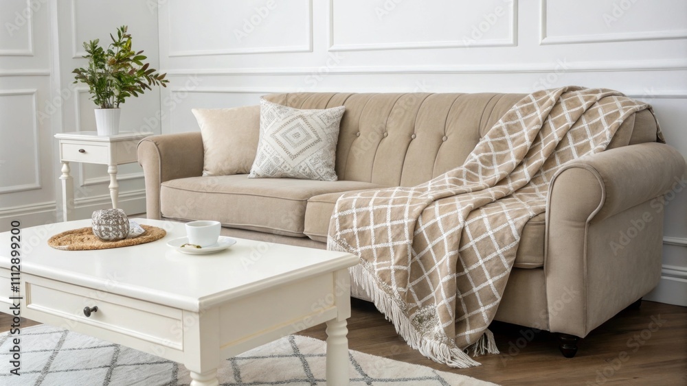 Aufkleber An uncluttered living space highlighted by a taupe couch draped with a contrasting geometric throw and a pristine white coffee table creating a harmonious and inviting