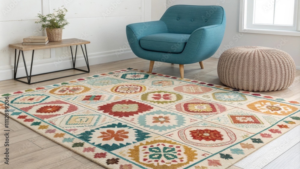 Poster A large colorful rug adorned with eclectic patterns graces the floor paired with a streamlined armchair in a solid color and a round textured ottoman that enhances the rooms